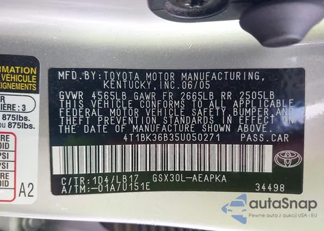 2005 Toyota Avalon Limited из США, поврежденный, VIN 4T1BK36B35U050271